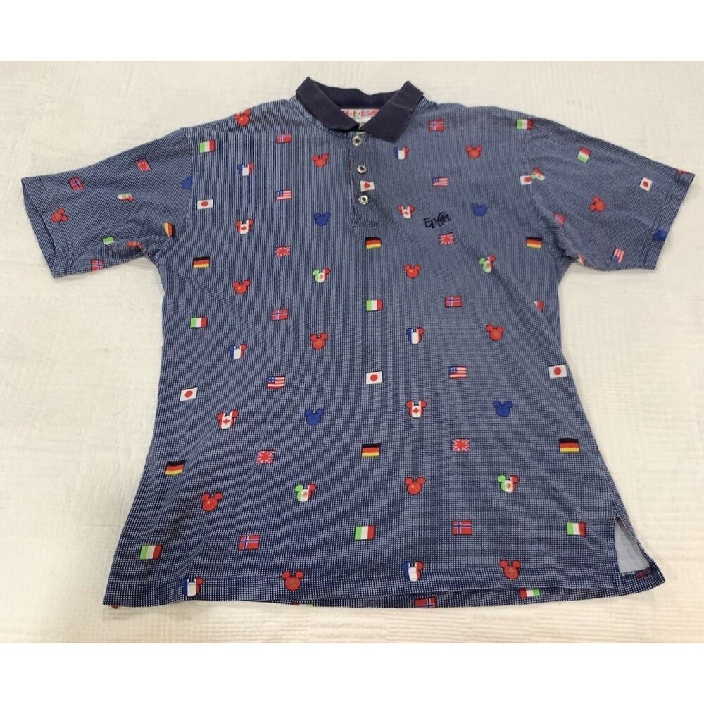 Vintage Rare 90s Walt Disney World Epcot Mickey Mouse Flags Polo Medium